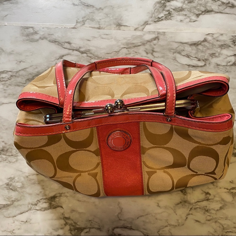 Coach Signature Stripe Satchel Kisslock Carryall Red Tan Canvas Leather F19190 - Picture 3 of 8